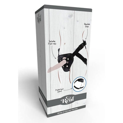 Imbracatura deluxe con cinturino nero di GET REAL, resistente e comoda, visibile in primo piano con dettagli in tessuto nero.