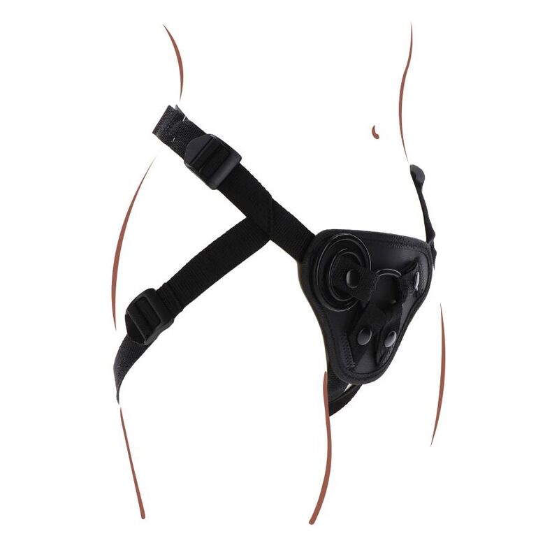 Imbragatura con cinturino nera del brand GET REAL, dettaglio di imbragatura regolabile e resistente in tessuto nero.