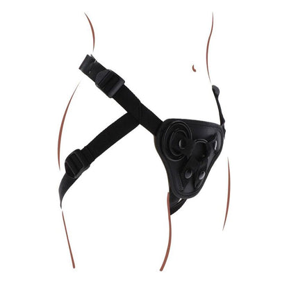 Imbragatura con cinturino nera del brand GET REAL, dettaglio di imbragatura regolabile e resistente in tessuto nero.