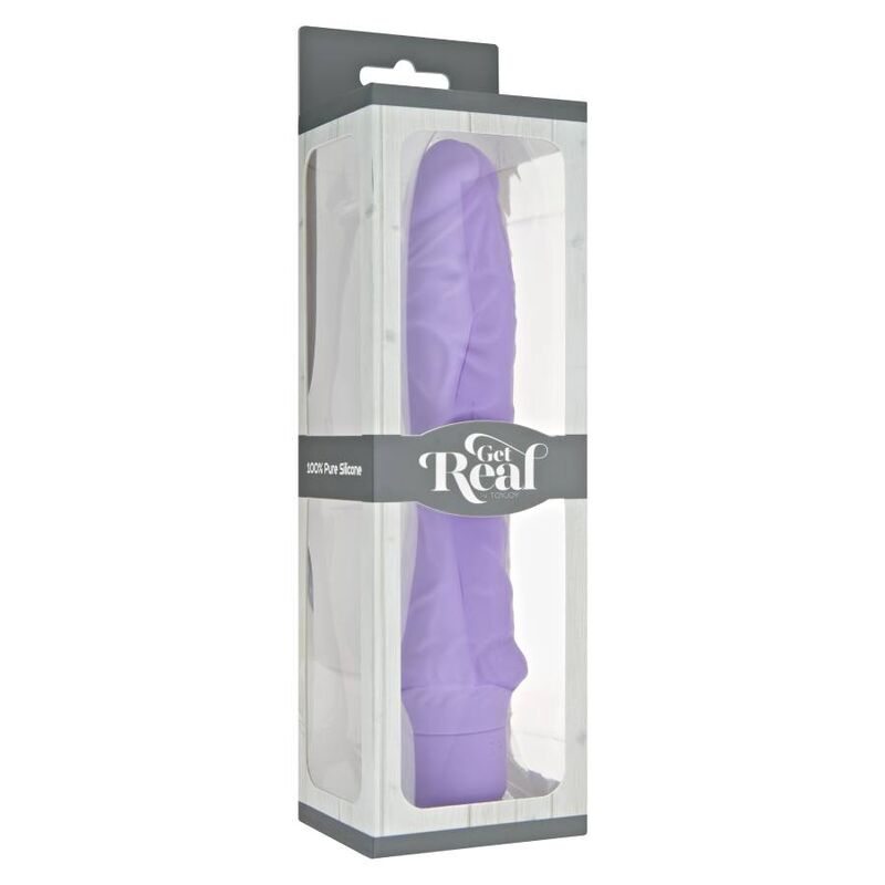 Vibratore classico grande GET REAL di colore viola, dettaglio dell'oggetto in plastica e silicone.