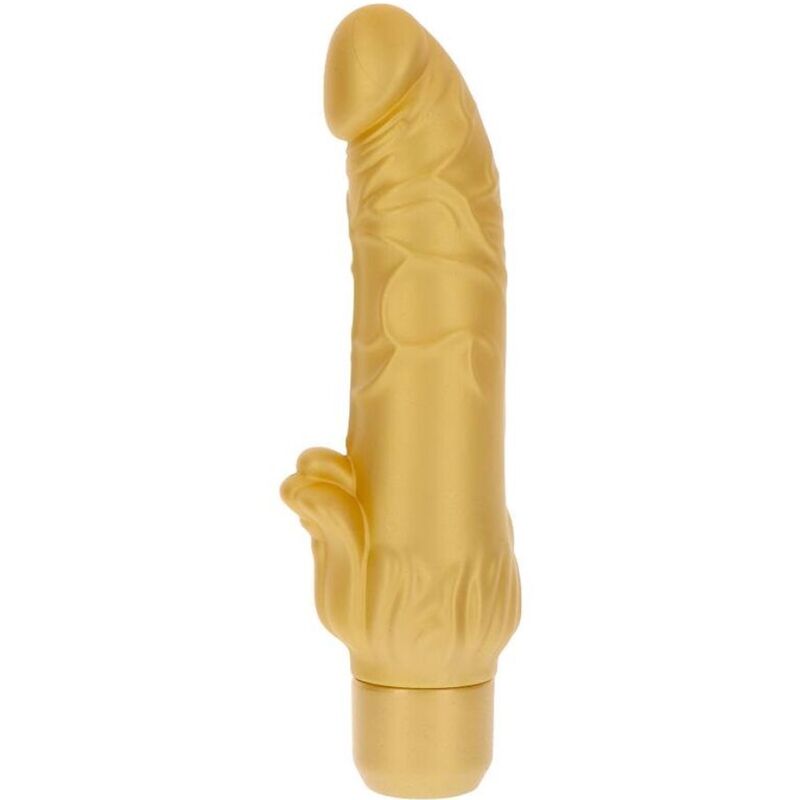 Vibratore Gold Dicker stimolatore del marchio GET REAL, argento con dettagli dorati, in silicone morbido e ergonomico.