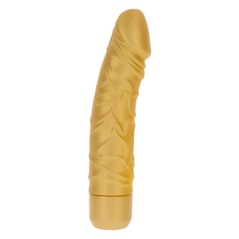 Vibratore originale GET REAL Gold Dicker Oro con dettagli realistici e finitura dorata, visibile in primo piano sull'immagine.