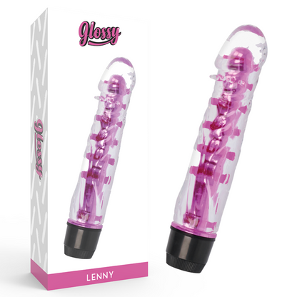 Vibratore rosa GLOSSY Lenny con superficie lucida e design ergonomico, ideale per stimolazione e piacere personale.