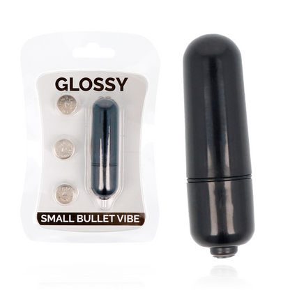 Piccolo vibratore bullet nero GLOSSY, design compatto e lucido, ideale per stimolazione precisa e discreta.