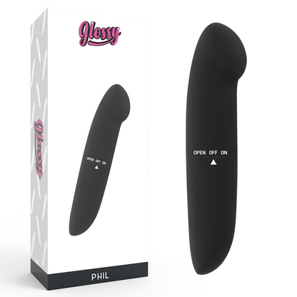 Vibratore GLOSSY Philo nero con superficie lucida e design ergonomico, ideale per stimolazione e piacere personale.
