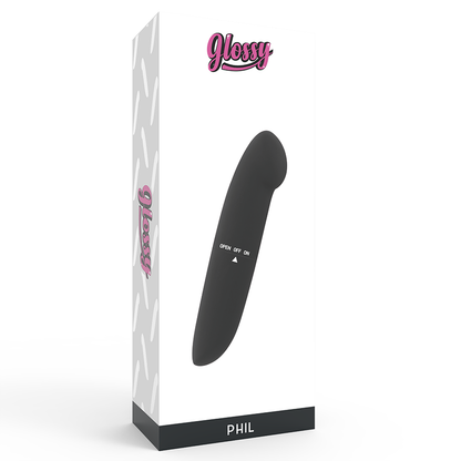 Vibratore GLOSSY VIBRATORE PHIL nero con finitura lucida, design ergonomico e superficie liscia per piacere e stimolazione.