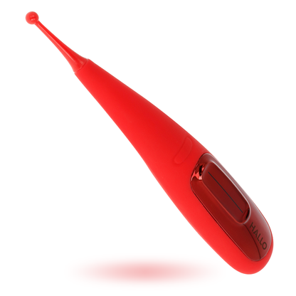 Vibratore rosso HALLO Focus, dispositivo di massaggio elegante e compatto, con design ergonomico e superficie liscia.