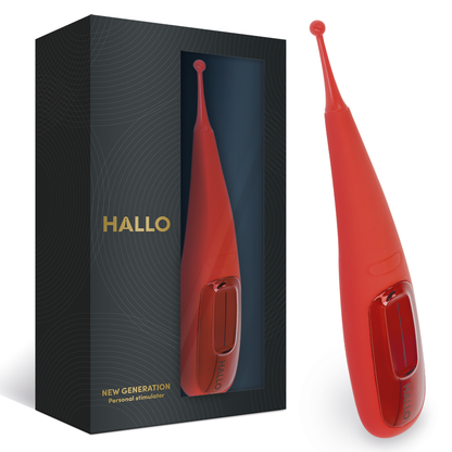 Vibratore rosso HALLO Focus, dispositivo di massaggio personale con design ergonomico e superficie liscia.