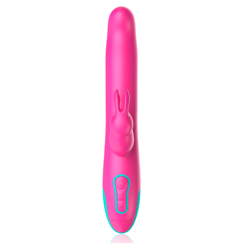Vibratore e rotatore Happy Loky Pluto coniglio, compatibile con tecnologia wireless, in silicone rosa, dettagli di alta qualità.