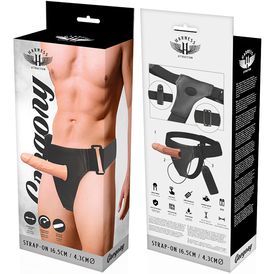 Immagine del harness Attraction Gregory Hollow con vibratore di 16,5 cm e 4,3 cm, in tessuto nero e design ergonomico.