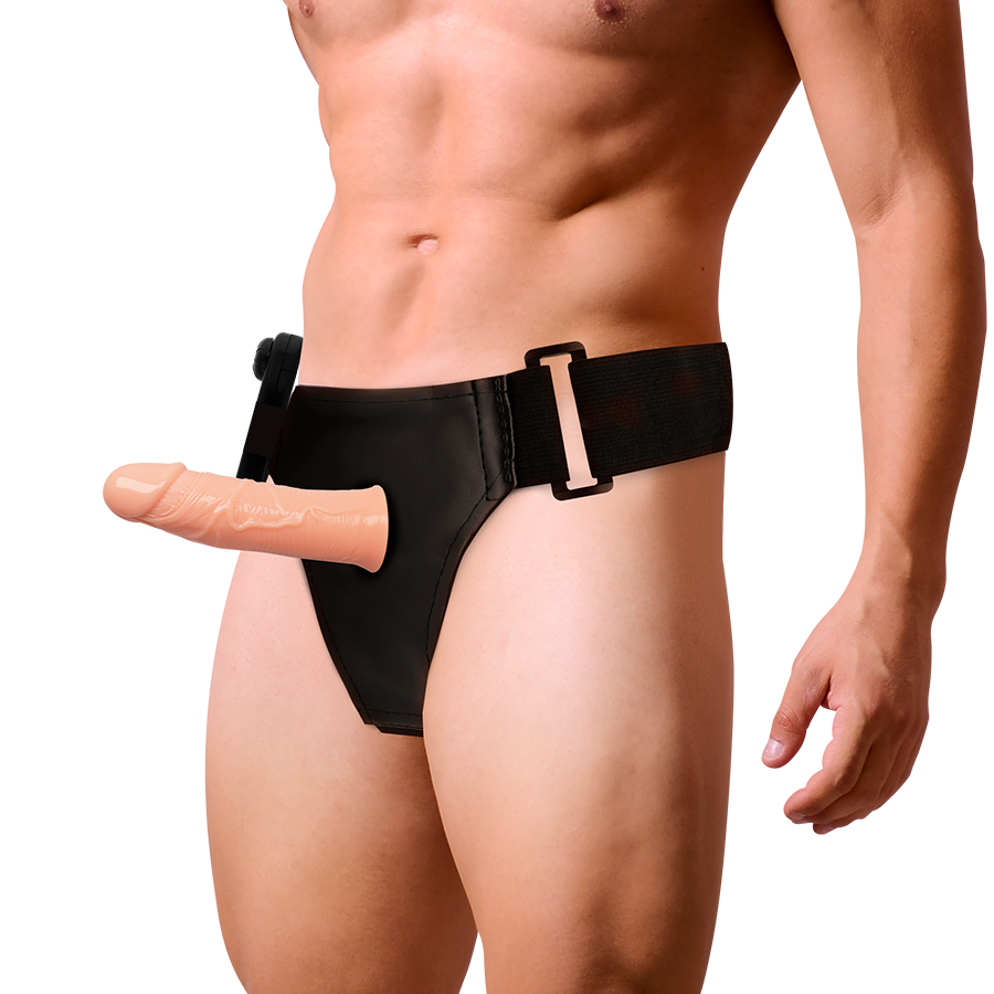 Immagine del harness Attraction Gregory Hollow con vibratore da 16,5 cm e 4,3 cm, in materiale nero, mostrato in dettaglio.