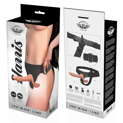 Imbracatura Attraction Harris con doppia penetrazione e vibrazione, lunga 18 cm e diametro di 3,5 cm, nero e in silicone.