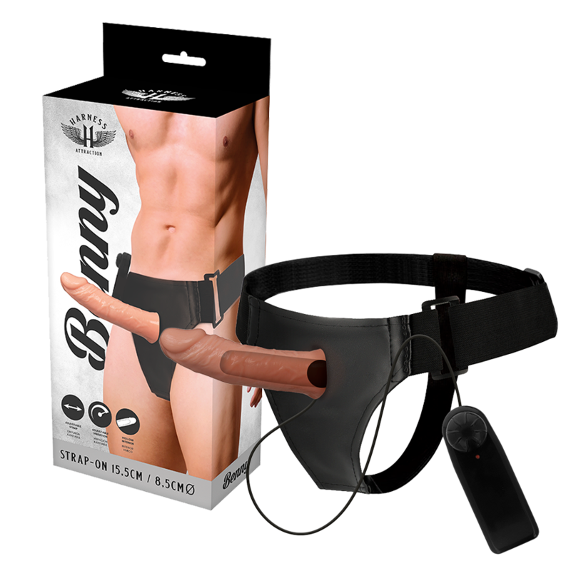Immagine del vibratore Hollow Benny di HARNESS ATTRACTION, 15 cm, con design a o 4,5 cm, in dettaglio.