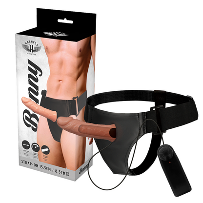 Immagine del vibratore Hollow Benny di HARNESS ATTRACTION, 15 cm, con design a o 4,5 cm, in dettaglio.