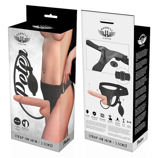 Imbracatura HARNESS ATTRACTION con pene gonfiabile da 18 cm e 3,5 cm di diametro, visibile in primo piano.