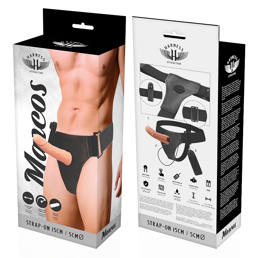 Imbracatura Attraction con cavi vibratori da 15 cm e 5 cm, marchio HARNESS ATTRACTION, visibile con dettagli e materiali.