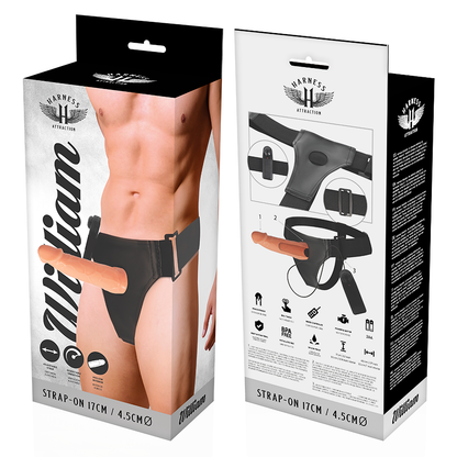 Immagine del harness Attraction Willian Hollow con vibratore da 17 cm e 4,5 cm di diametro, morbido e resistente.