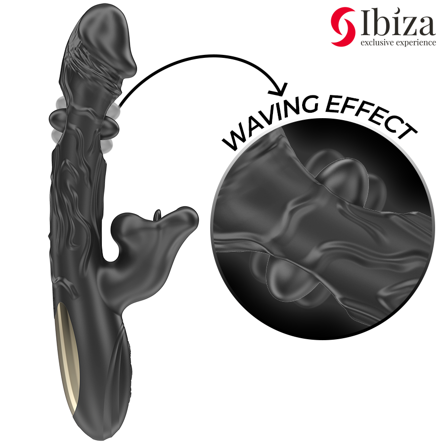 Vibratore e stimolatore clitorideo IBIZA TECHNOLOGY con effetto morso e rotazione, in uso su pelle.