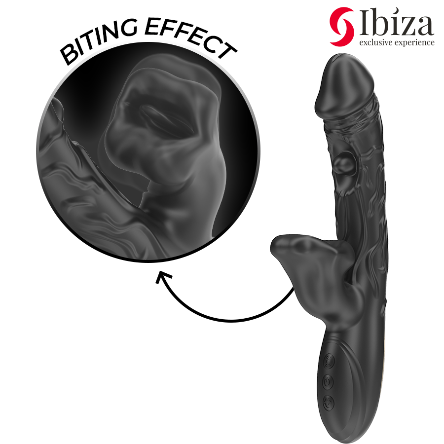 Vibratore e stimolatore clitorideo IBIZA TECHNOLOGY con effetto morso e rotazione, in uso su una superficie morbida.