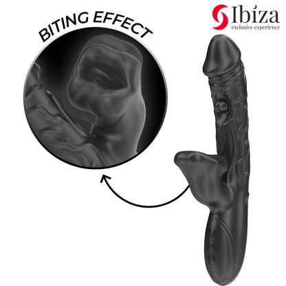 Vibratore e stimolatore clitorideo IBIZA TECHNOLOGY con effetto morso e rotazione, in uso su una superficie morbida.