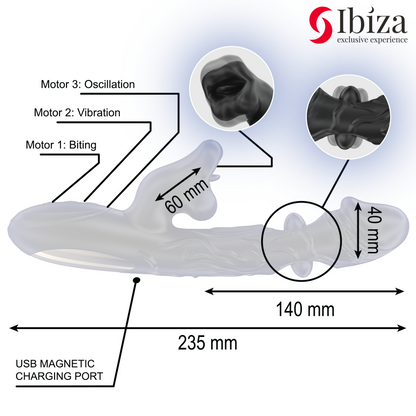 Vibratore e stimolatore clitorideo IBIZA TECHNOLOGY con effetto morso e rotazione, in dettaglio sul prodotto.