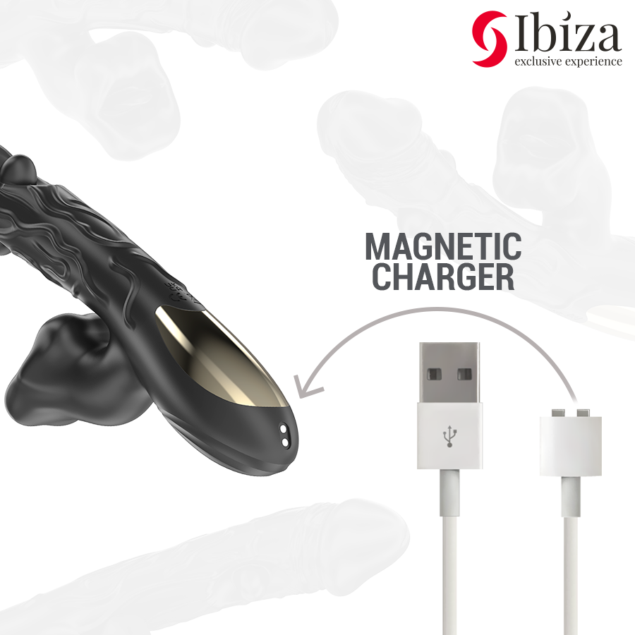 Vibratore e stimolatore clitorideo Ibiza Technology con effetto morso e rotazione, design ergonomico e dettagli colorati.