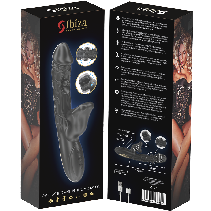 Vibratore e stimolatore clitorideo IBIZA TECHNOLOGY con effetto morso e rotazione, in silicone rosa.