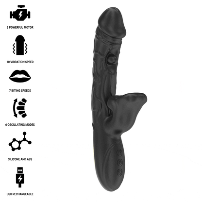 Vibratore e stimolatore clitorideo IBIZA TECHNOLOGY con effetto morso e rotazione, in uso.