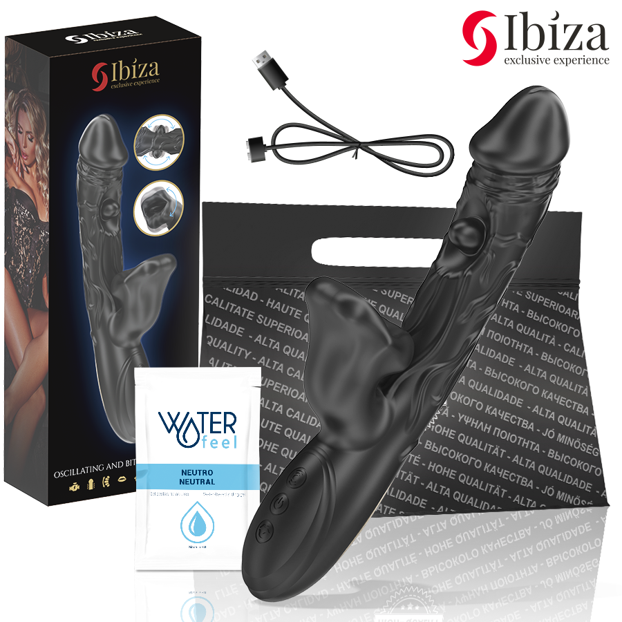Vibratore e stimolatore clitorideo Ibiza Technology con effetto morso e rotazione, design moderno e funzionalità avanzate.