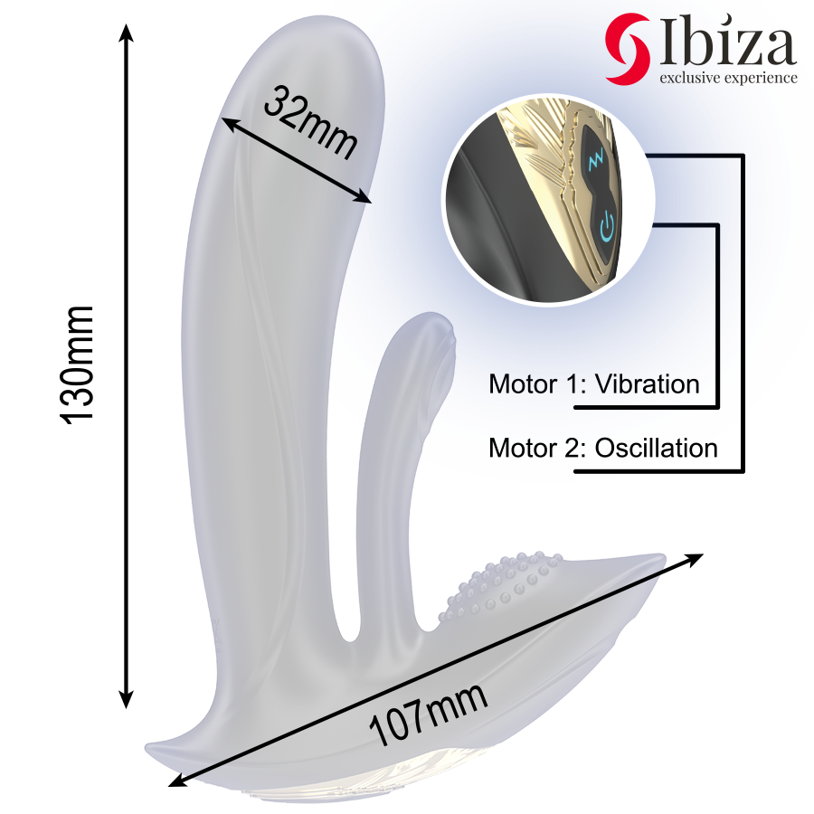 Vibratore indossabile IBIZA TECHNOLOGY con stimolazione del punto G e clitoride, telecomando, design discreto e ergonomico.