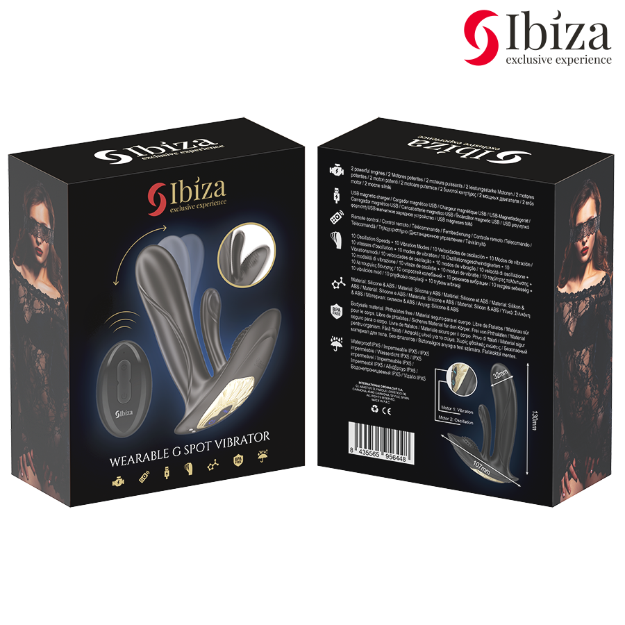 Vibratore indossabile Ibiza Technology per stimolazione del punto G e clitoride, con telecomando, in silicone rosa.