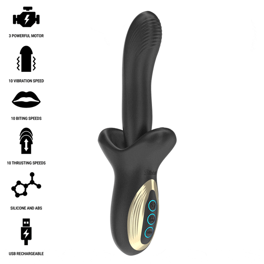Vibratore potente IBIZA TECHNOLOGY con effetto spinta e morso, design ergonomico e dettagli in morbido silicone.