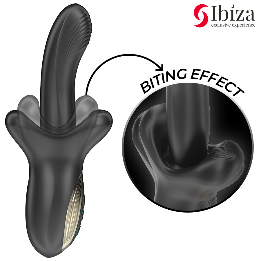 Vibratore potente Ibiza Technology con effetto spinta e morso, design ergonomico e dettagli realistici per il piacere.