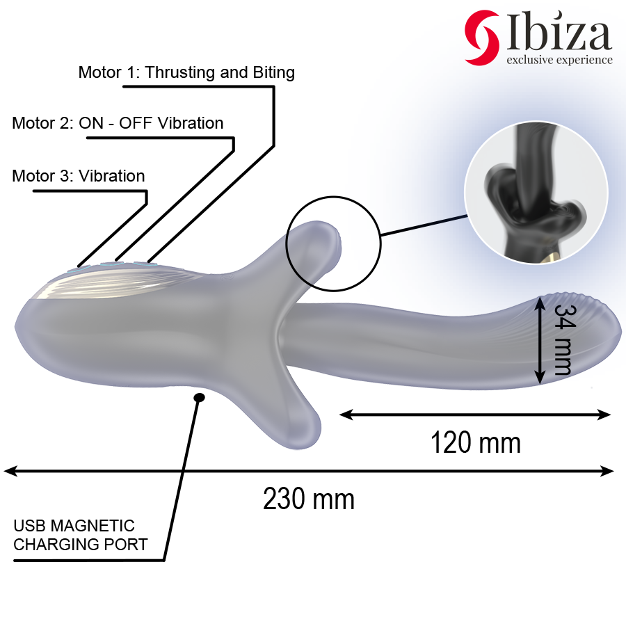 Vibratore potente IBIZA TECHNOLOGY con effetto spinta e morso, design ergonomico e dettagli realistici per il piacere.