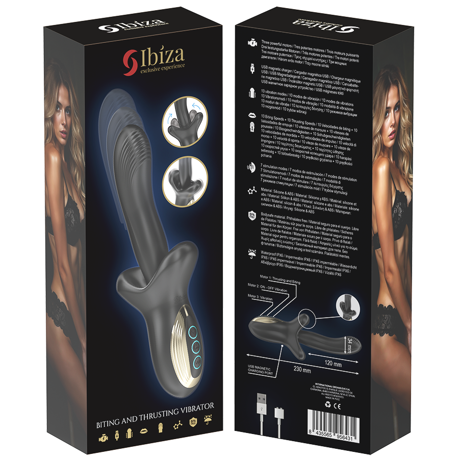 Vibratore potente Ibiza Technology con effetto spinta e morso, design ergonomico e superficie liscia per massaggi e piacere.