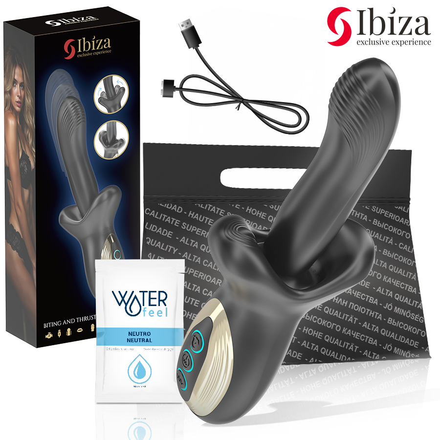 Vibratore potente Ibiza Technology con effetto spinta e morso, design ergonomico e dettagli realistici per piacere intenso