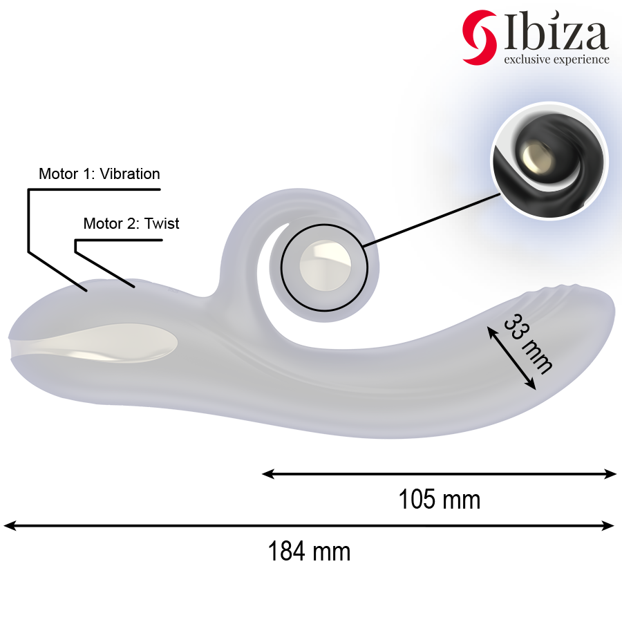 Vibratore Twister IBIZA con stimolatore curvo e vibro-rotazione, prodotto della linea IBIZA TECHNOLOGY.