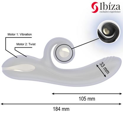 Vibratore Twister IBIZA con stimolatore curvo e vibro-rotazione, prodotto della linea IBIZA TECHNOLOGY.