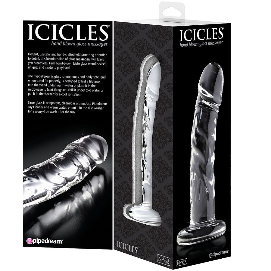 Massaggiatore in vetro ICICLES N. 62, elegante e liscio con design trasparente, ideale per rilassamento e benessere.