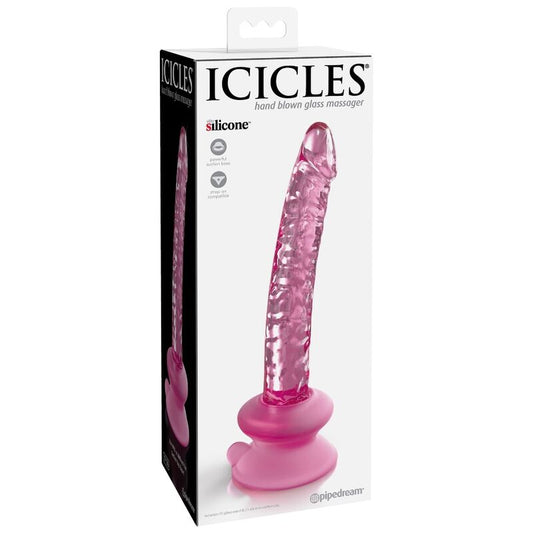 Dildo in vetro ICICLES N. 86 con ventosa, trasparente e liscia, ideale per giochi di piacere e stimolazione sensoriale.