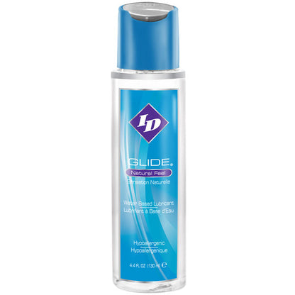 Lubrificante a base acqua ID GLIDE da 130 ml, idoneo per massaggi e uso intimo, con confezione bianca e etichetta.