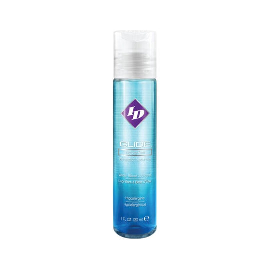 Lubrificante a base acqua ID GLIDE da 30 ml, ideale per uso intimo, con formula leggera e idratante, visibile nella bottiglia.