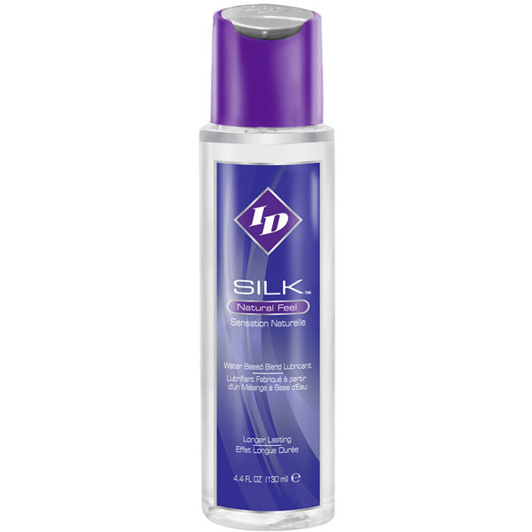 Flacone di ID SILK Natural Feel Silicone e Acqua da 130 ml, con etichetta e tappo trasparente, per cura dei capelli.