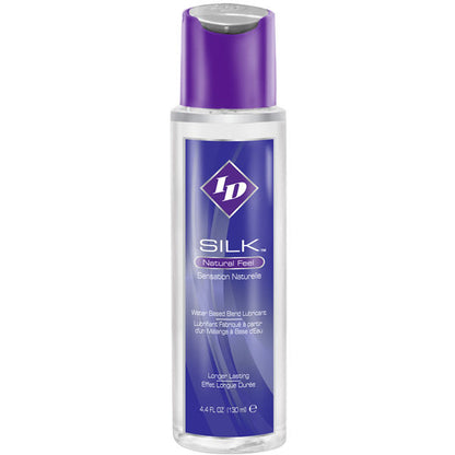Flacone di ID SILK Natural Feel Silicone e Acqua da 130 ml, con etichetta e tappo trasparente, per cura dei capelli.