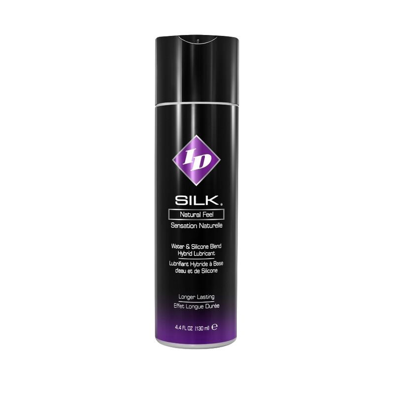 Gel lubrificante ID SILK Natural Feel a base di silicone e acqua, 130 ml, con confezione trasparente e etichetta blu.