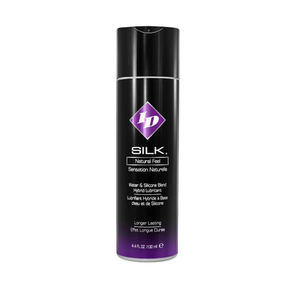 Gel lubrificante ID SILK Natural Feel a base di silicone e acqua, 130 ml, con confezione trasparente e etichetta blu.