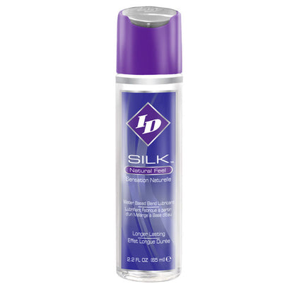 Vaso con prodotto ID SILK Natural Feel Silicone e Acqua da 65 ml, contenitore con etichetta e tappo.