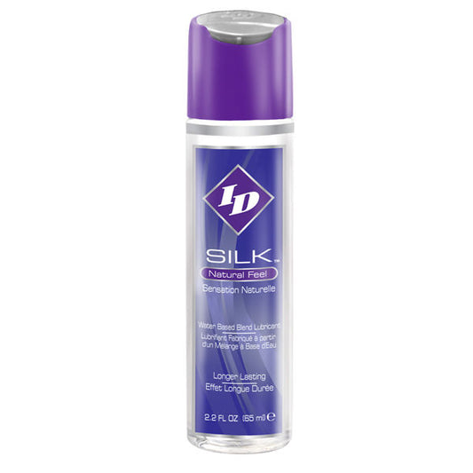 Vaso con prodotto ID SILK Natural Feel Silicone e Acqua da 65 ml, contenitore con etichetta e tappo.