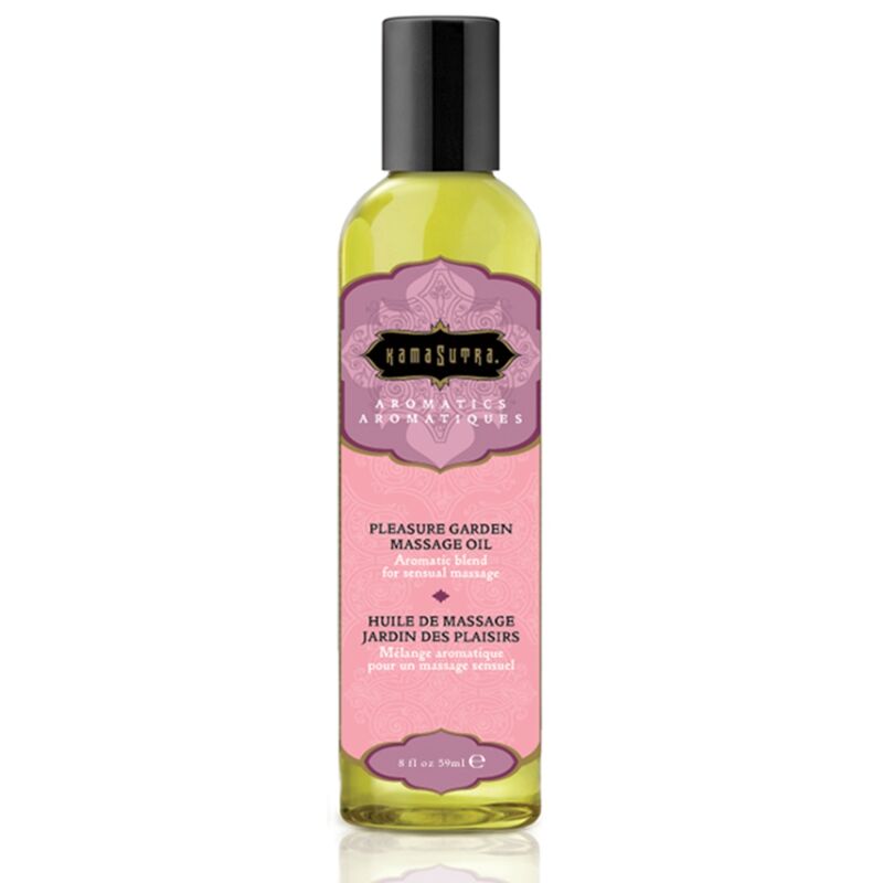 Olio da massaggio Kamasutra Giardino del Piacere, 59 ml, bottiglia con etichetta colorata e tappo nero, mostrato in primo piano.