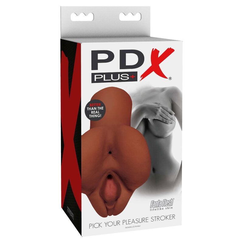 Masturbatore doppio marrone PDX PLUS, modello PDX PLUS+ con dettagli realistici, visibile in primo piano.